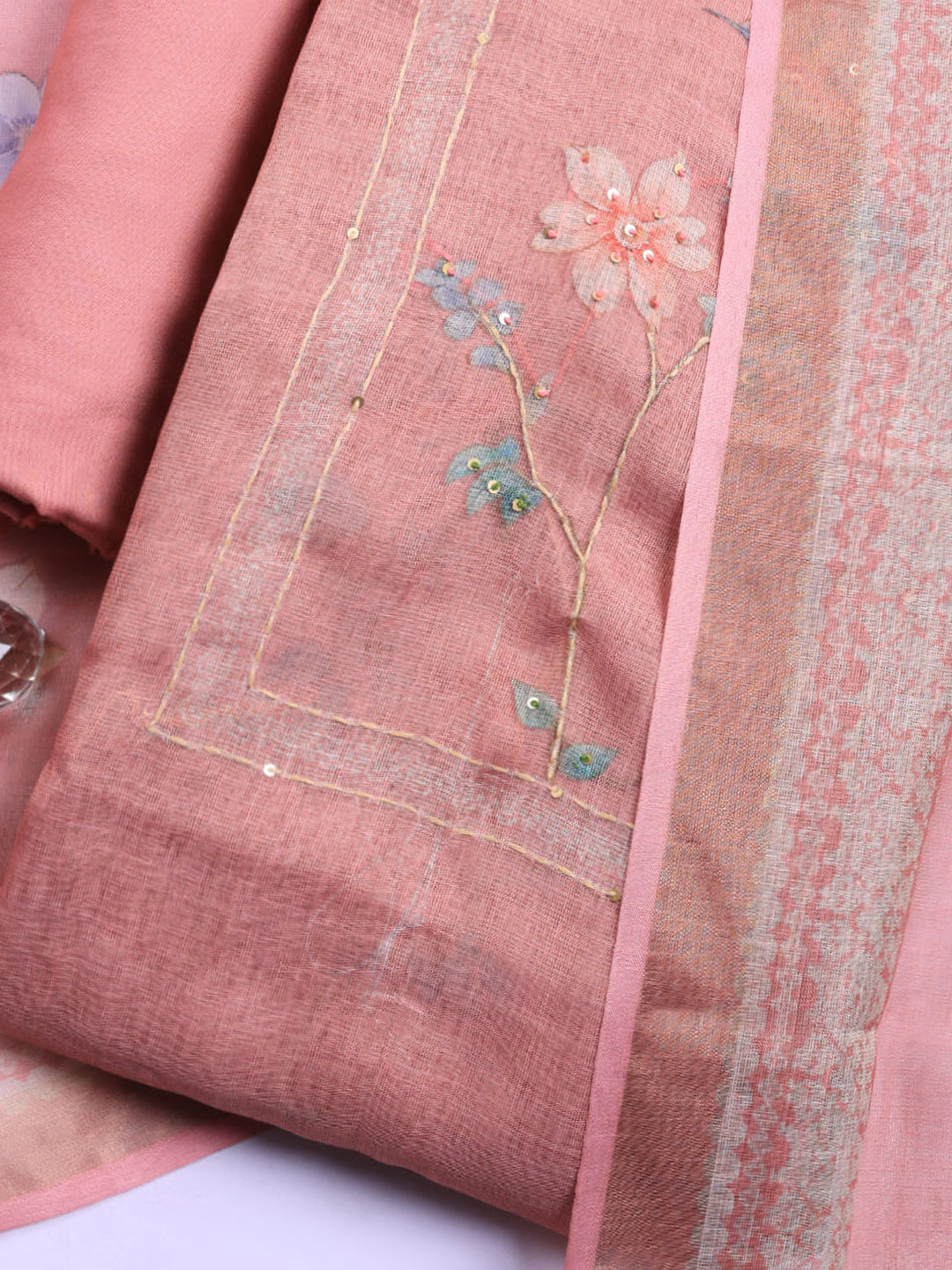 Printed Linen Blend Unstitched Suit With Pant &amp; Dupatta