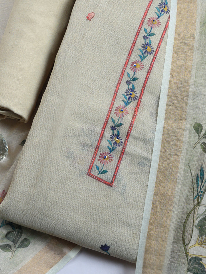 Printed Linen Blend Unstitched Suit With Pant &amp; Dupatta