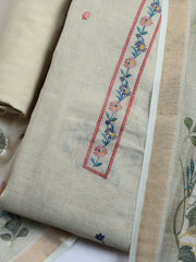 Printed Linen Blend Unstitched Suit With Pant & Dupatta