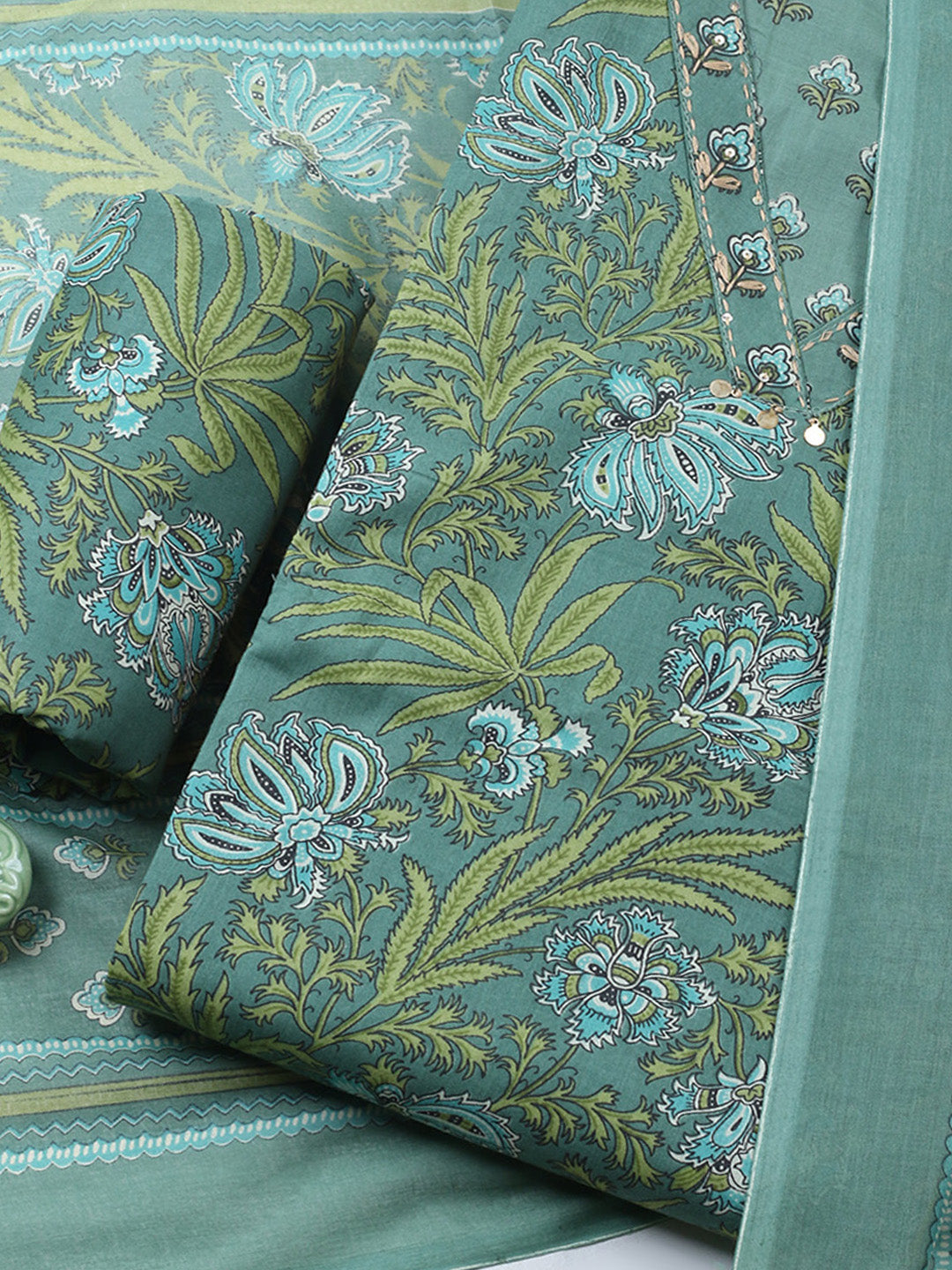 Printed Chanderi Unstitched Suit With Pant &amp; Dupatta