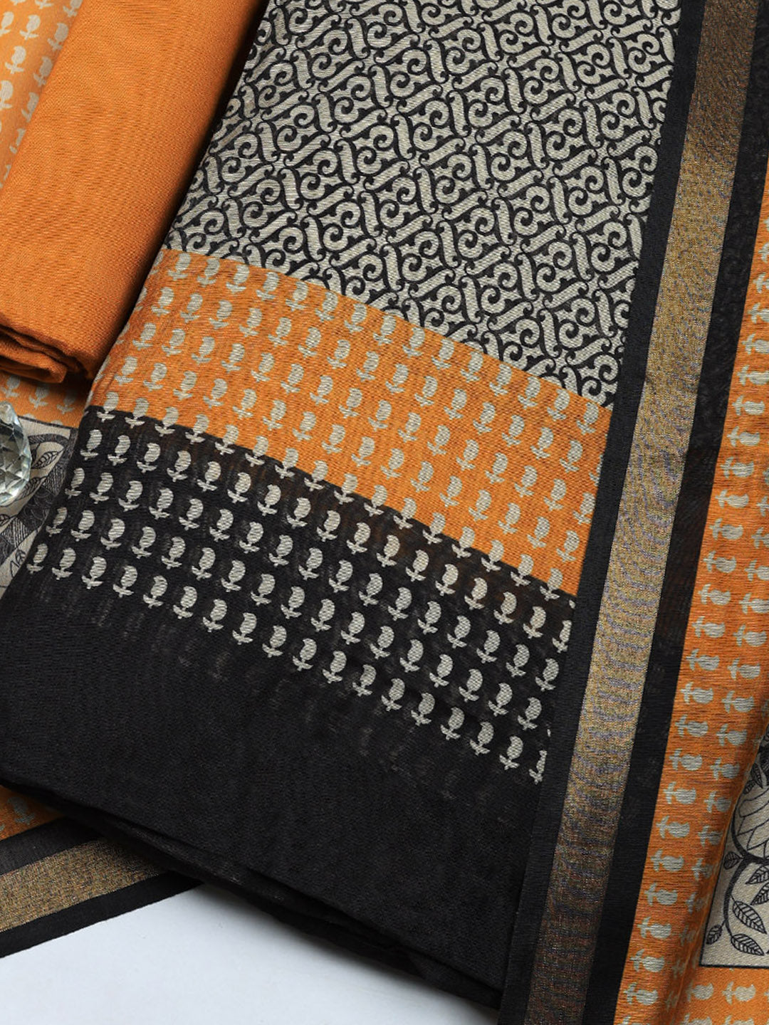 Printed Chanderi Unstitched Suit With Pant &amp; Dupatta