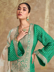 Embroidered Chinon Suit With Plazzo & Dupatta