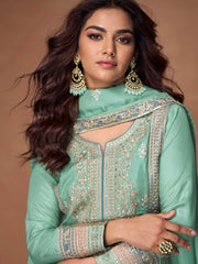 Embroidered Simar Silk Kurta With Plazzo & Dupatta