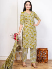 Embroidered Cotton Blend Kurta With Pant & Dupatta