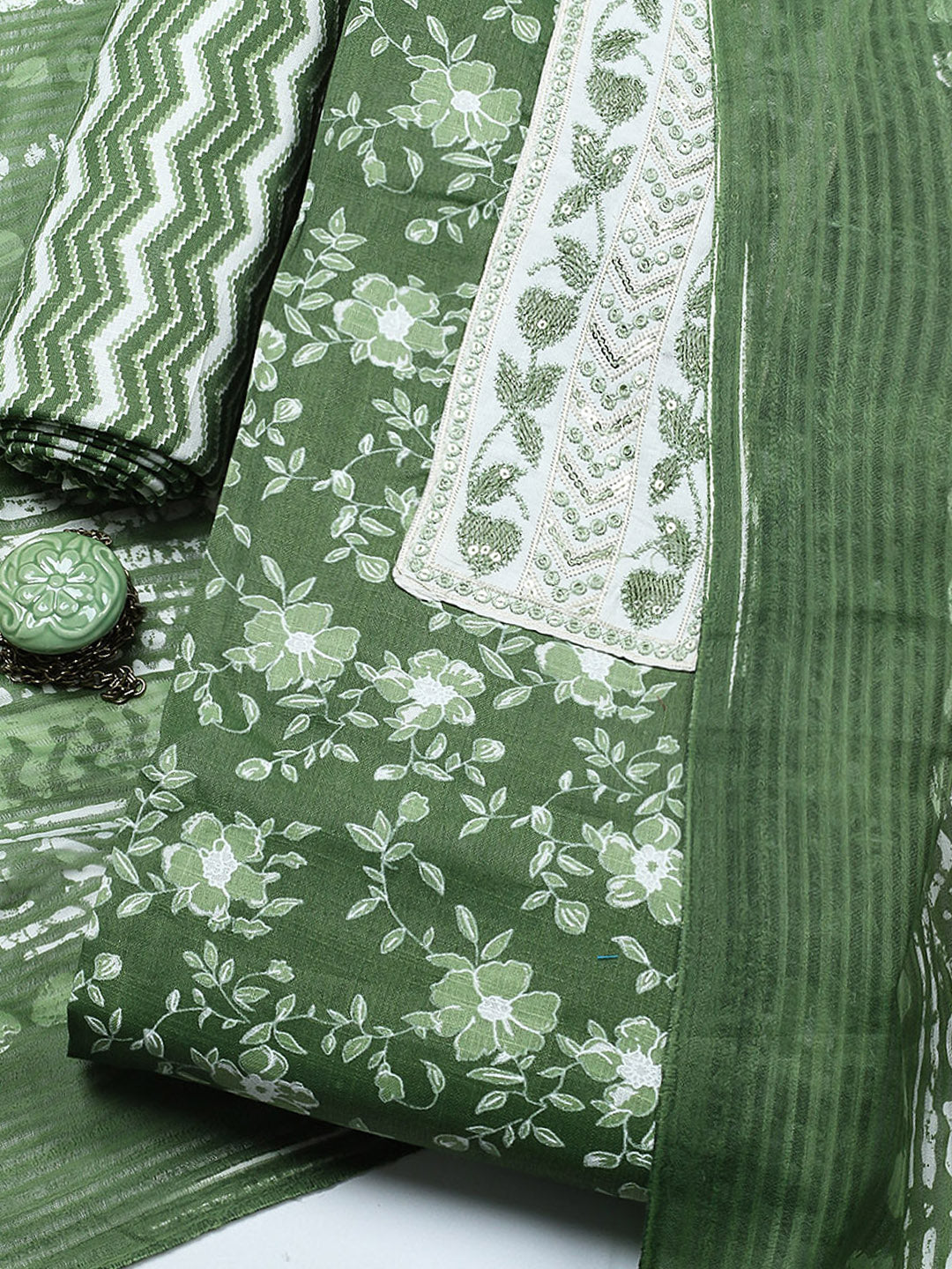 Printed Cotton Blend Unstitched Suit With Pant &amp; Dupatta
