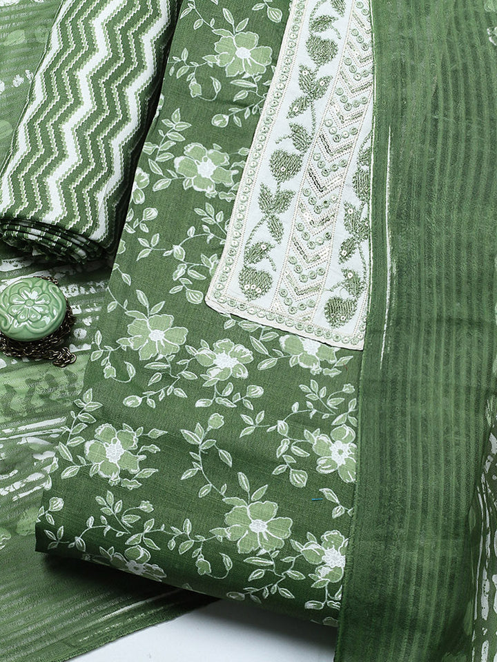 Printed Cotton Blend Unstitched Suit With Pant &amp; Dupatta