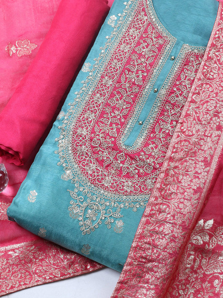 Embroidered Chanderi Unstitched Suit With Pant &amp; Dupatta