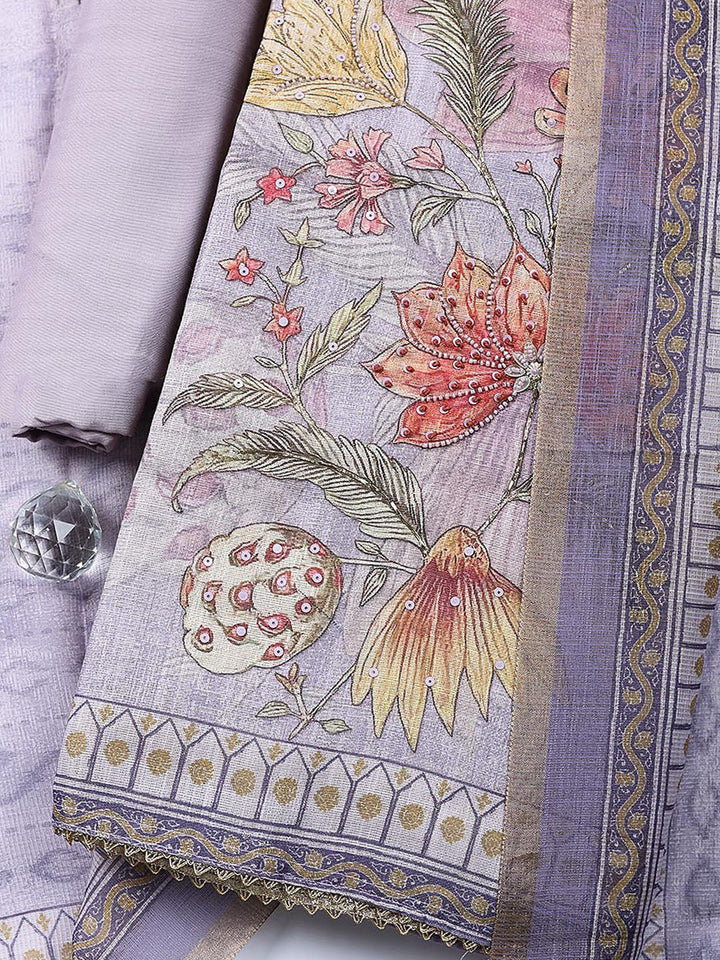 Embroidered Linen Blend Unstitched Suit With Pant Dupatta