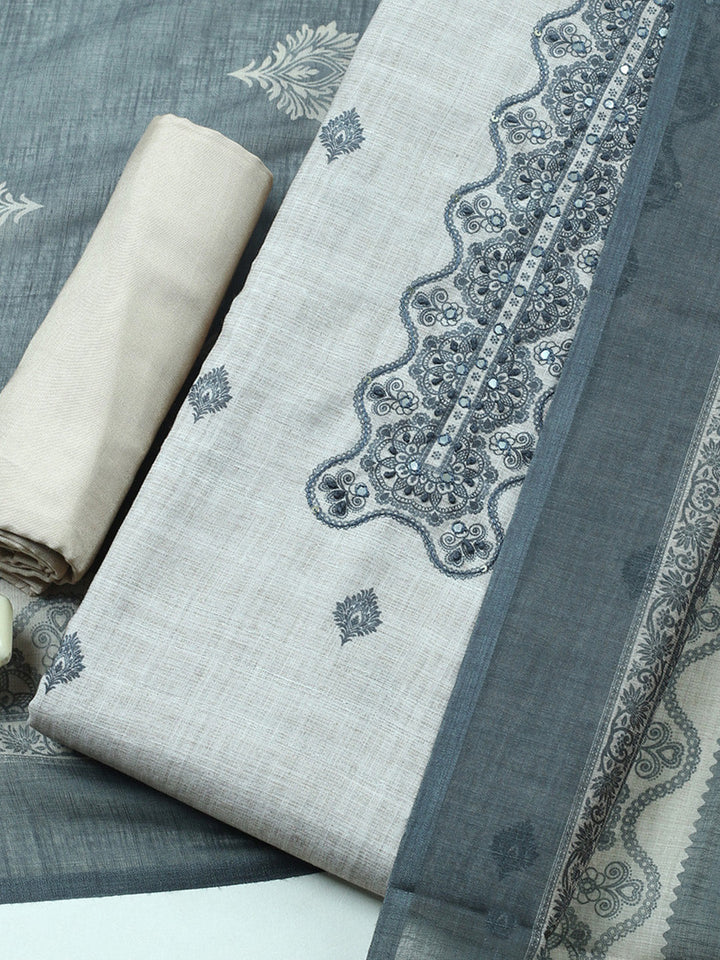 Embroidered Cotton Blend Unstitched Suit With Pant &amp; Dupatta