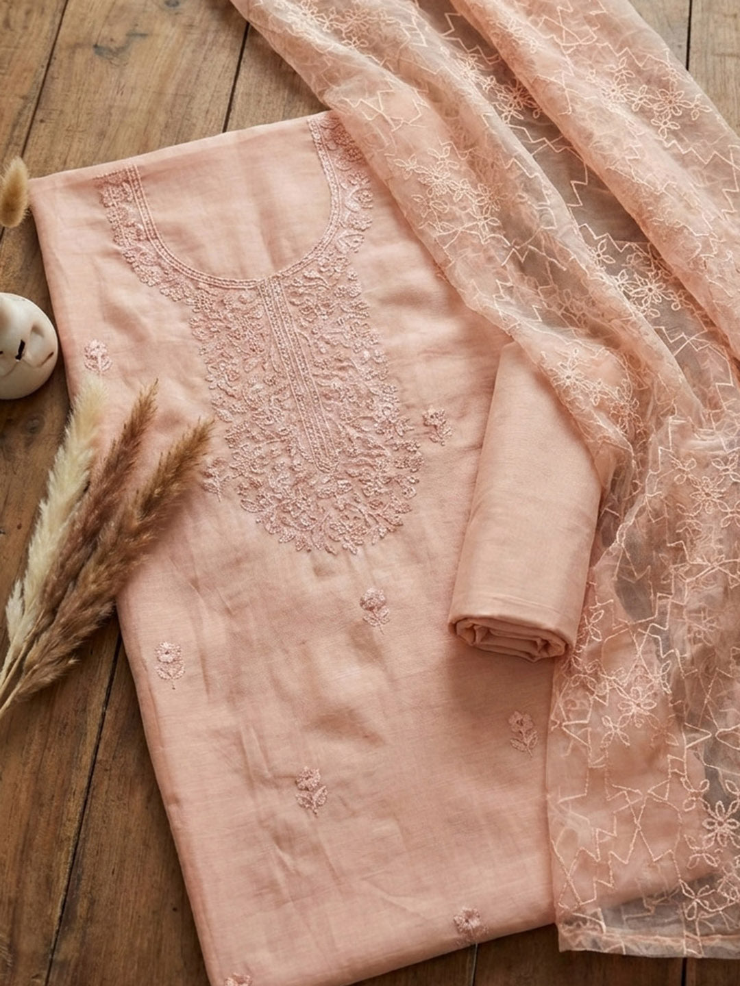 Embroidered Cotton Blend Unstitched Suit With Pant &amp; Dupatta
