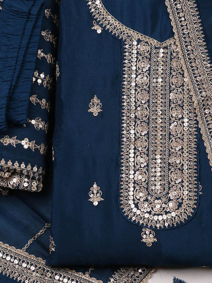 Embroidered Chinon Unstitched Suit With Pant &amp; Dupatta