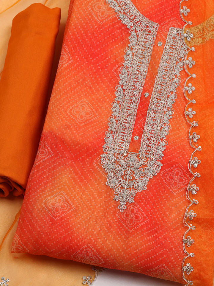 Neck Embroidered &amp; Printed Organza Unstitched Suit With Dupatta