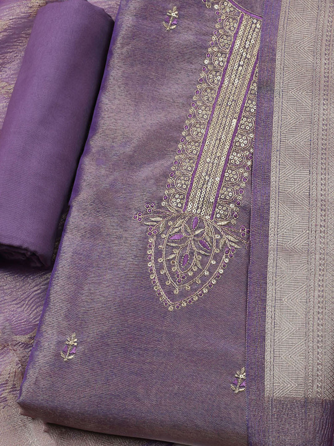 Embroidered Tissue Unstitched Kurta With Pant &amp; Dupatta