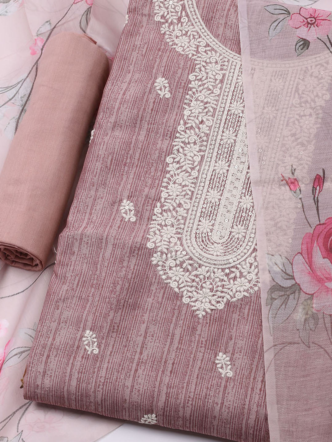 Embroidered Chanderi Unstitched Kurta With Pant & Dupatta