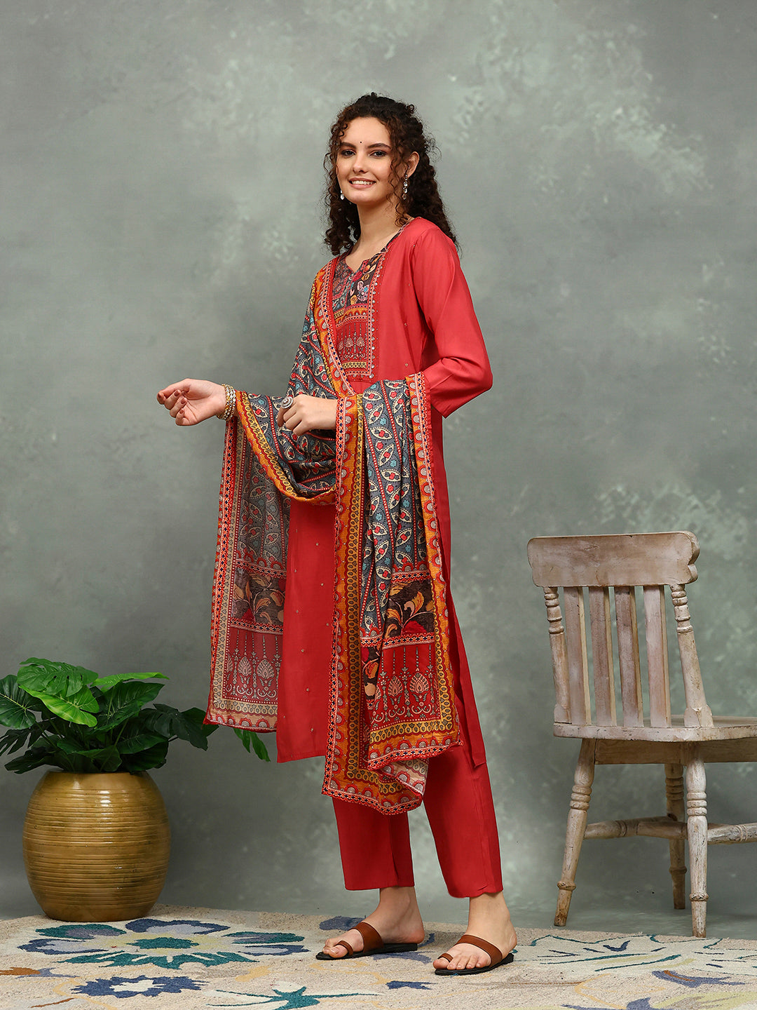 Printed Cotton Blend Kurta With Pants & Dupatta