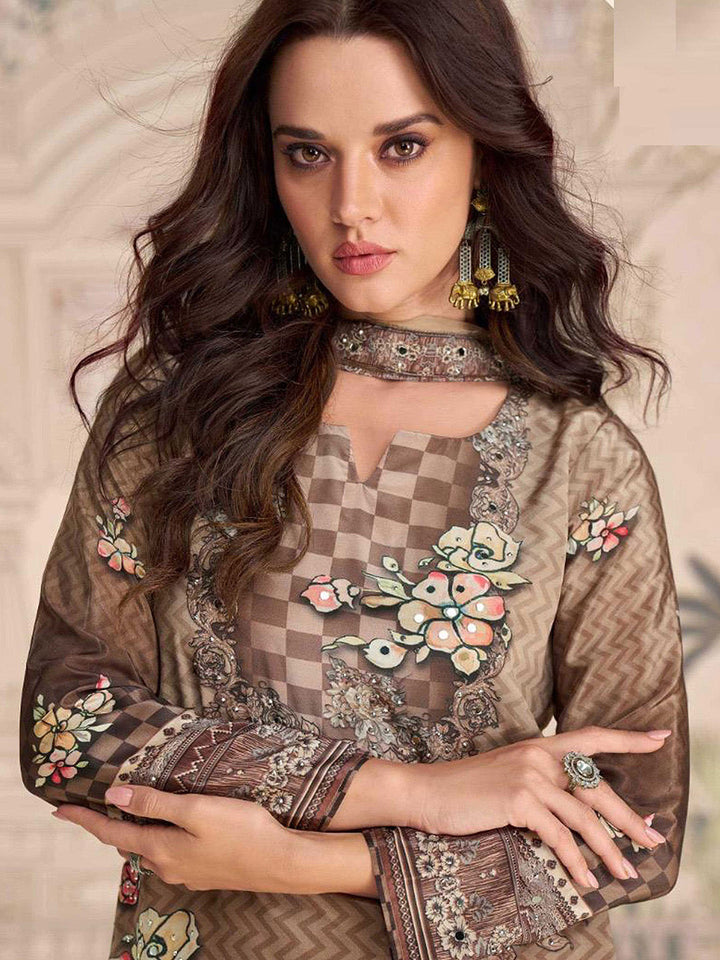 Embroidered Crepe Kurti With Plazzo &amp; Dupatta