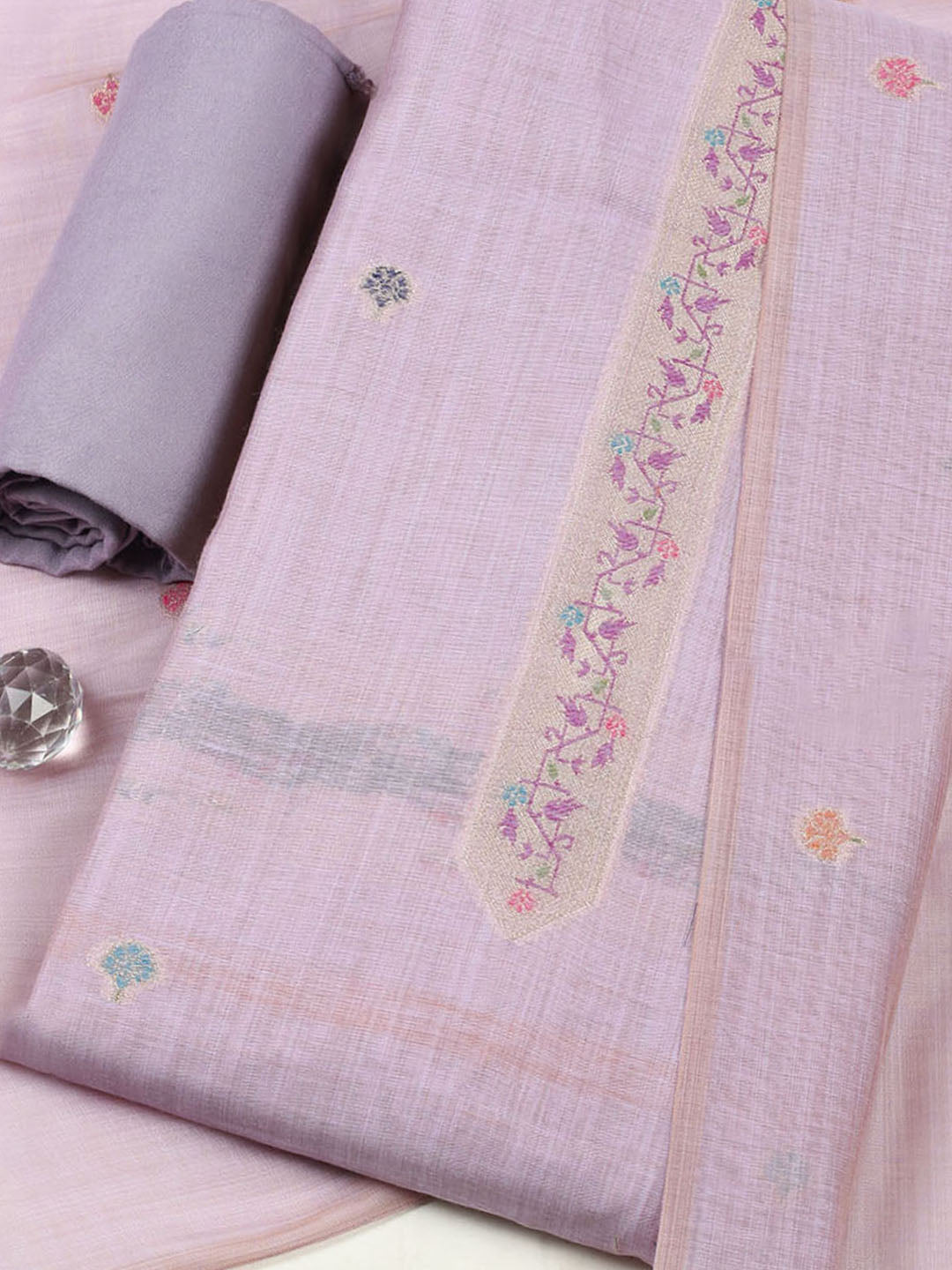 Embroidered Chanderi Unstitched Suit With Pant &amp; Dupatta