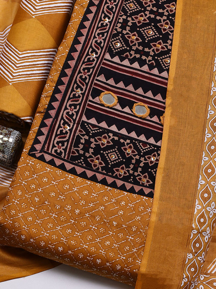Printed Cotton Blend Unstitched Suit With Pant &amp; Dupatta