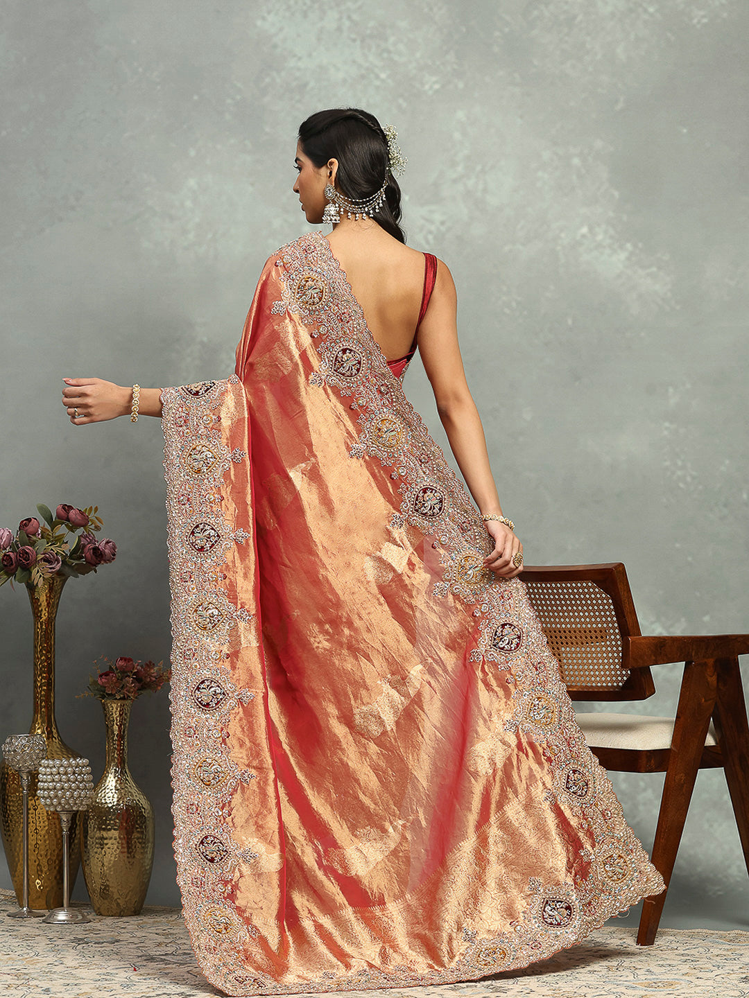 Zari Jaal &amp; Sequin Embroidered Tissue Saree