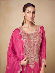 Embroidered Chinnon Kurta With Plazzo & Dupatta