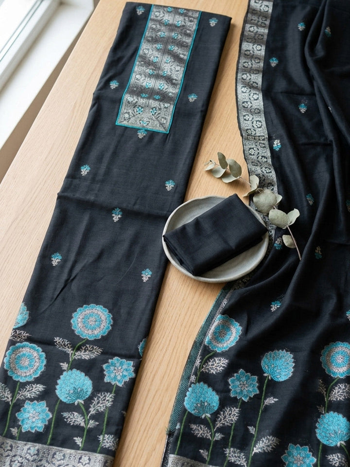 Embroidered Chanderi Unstitched Suit With Pant &amp; Dupatta