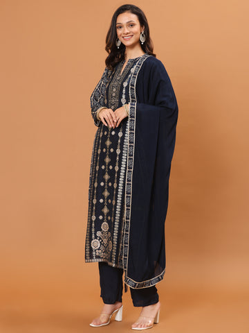 Banarasi Printed Embroidery Kurta With Pants & Dupatta