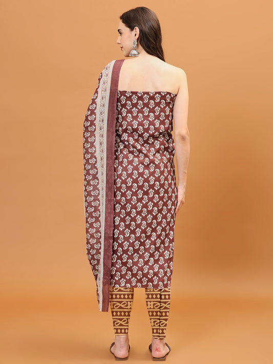 Printed Cotton Blend Unstitched Suit With Dupatta