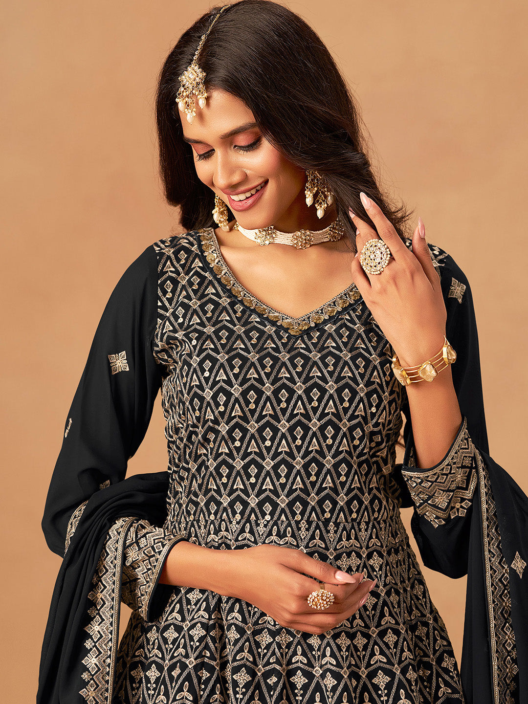Embroidered Georgette Semi Stitched Kurta With Plazzo &amp; Dupatta