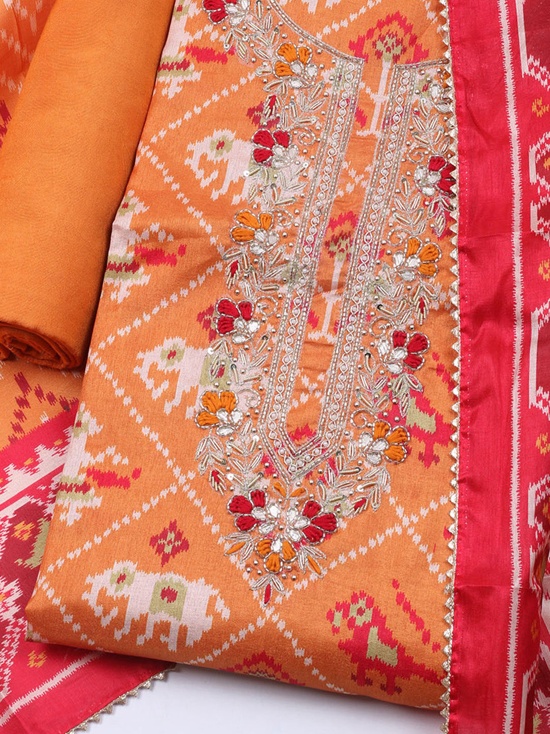 Patola Printed Tussar Unstitched Suit With Dupatta