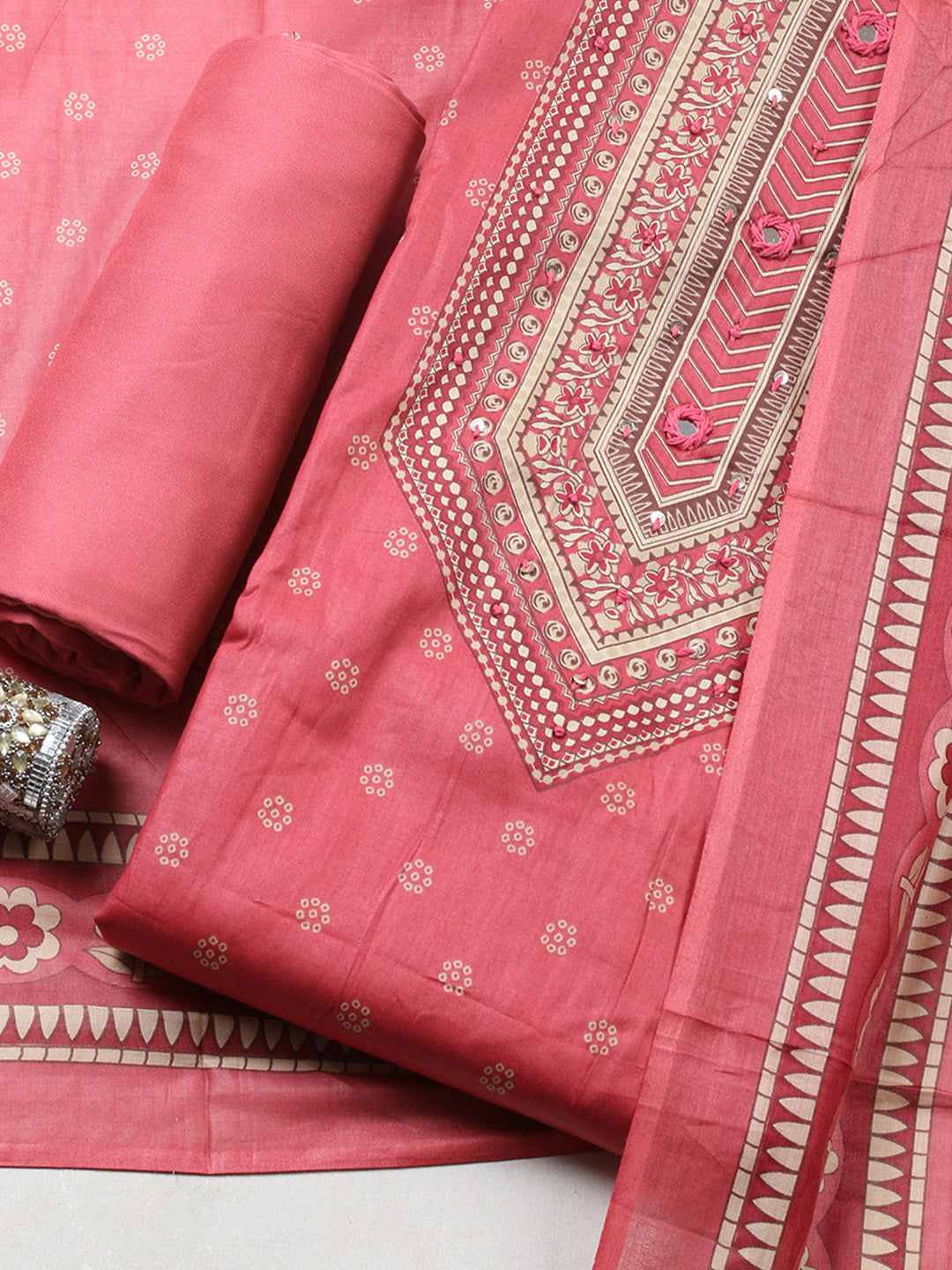 Printed Cotton Blend Unstitched Suit With Pant &amp; Dupatta