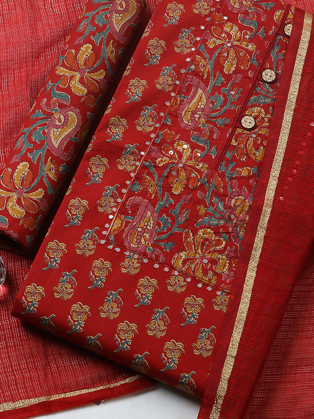Embroidered Cotton Blend Unstitched Suit With Pant &amp; Dupatta
