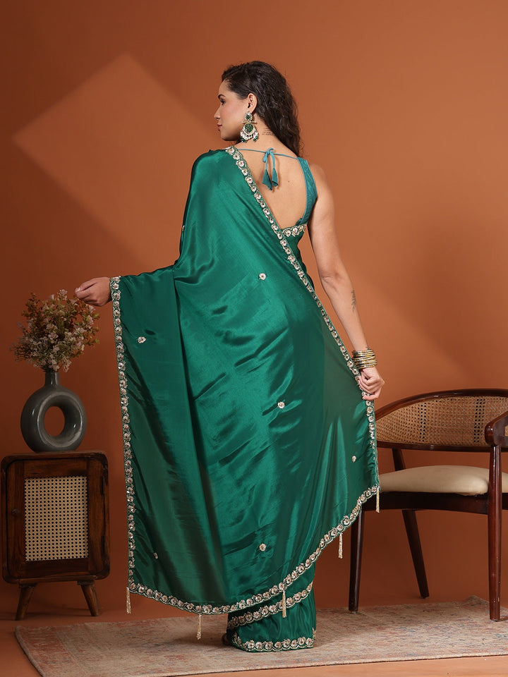 Sequin &amp; Cut Work Embroidered Crepe Saree