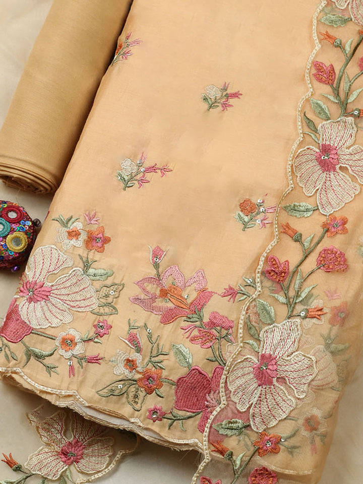 Embroidered Chanderi Unstitched Suit With Pant &amp; Dupatta