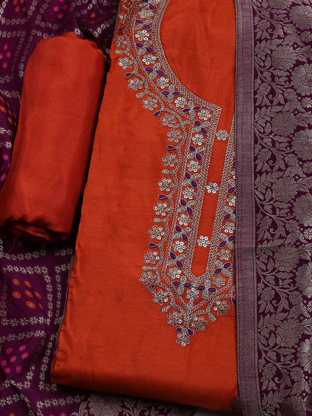 Embroidered Chanderi Unstitched Suit With Dupatta