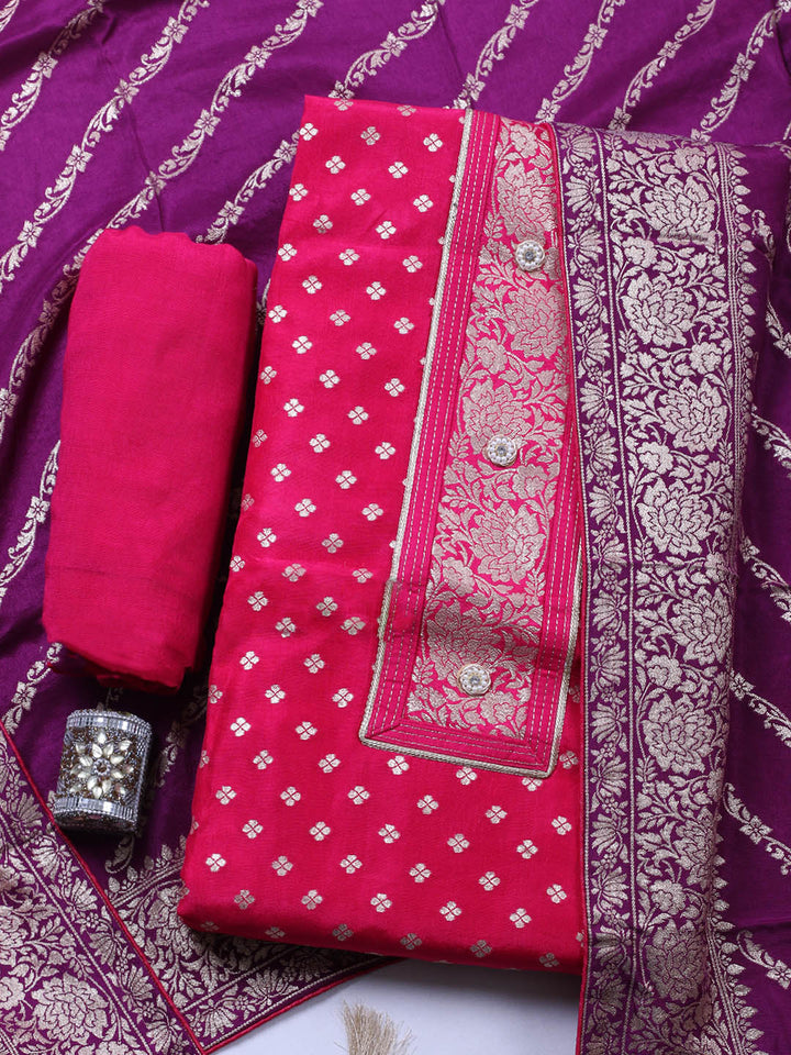 Woven Design Chanderi Unstitched Suit With Pant &amp; Dupatta