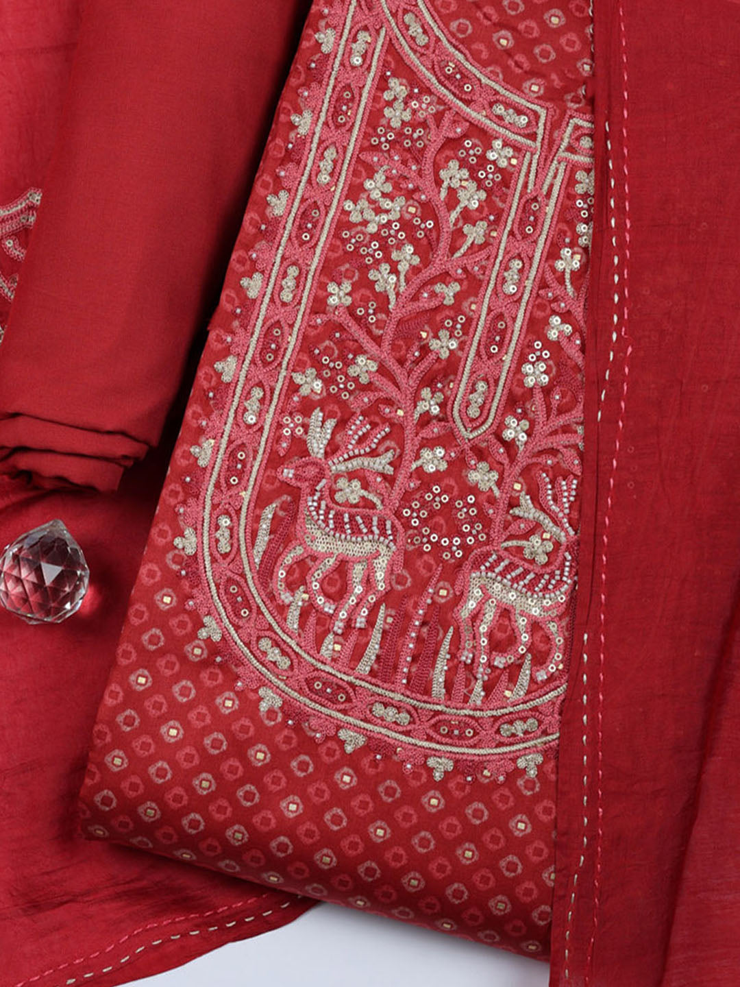 Embroidered Cotton Blend Unstitched Suit With Pant &amp; Dupatta