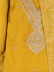 Embroidered Chanderi Mustard Unstitched Suit With Pant & Dupatta