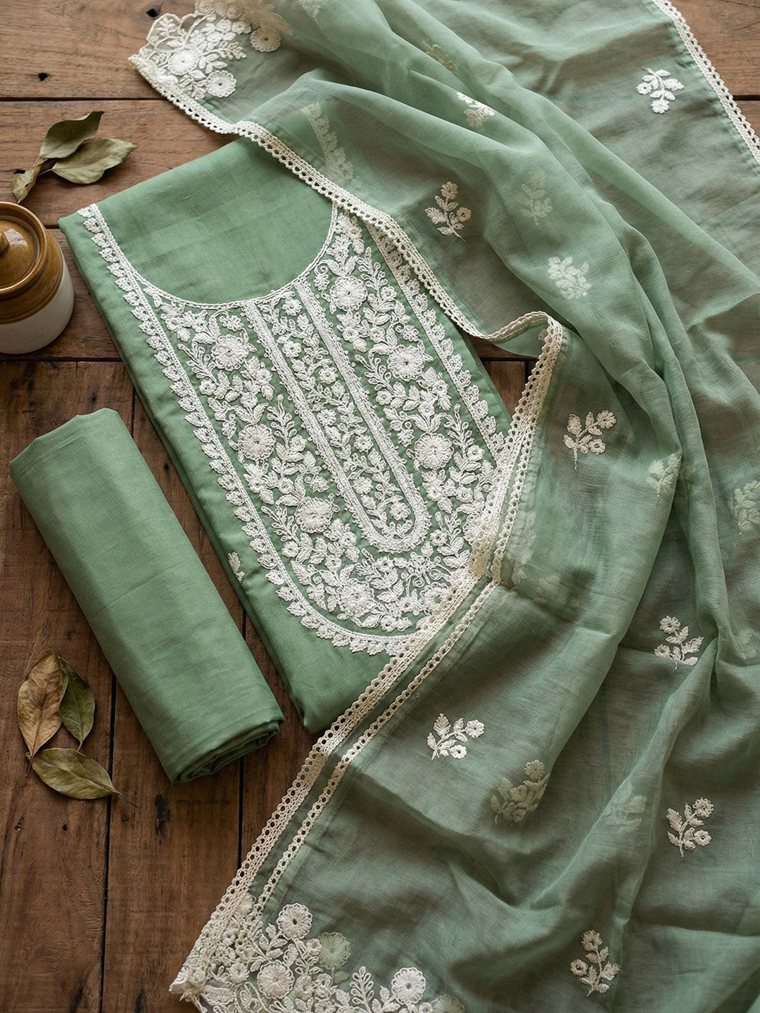 Embroidered Cotton Blend Unstitched Suit With Pant &amp; Dupatta