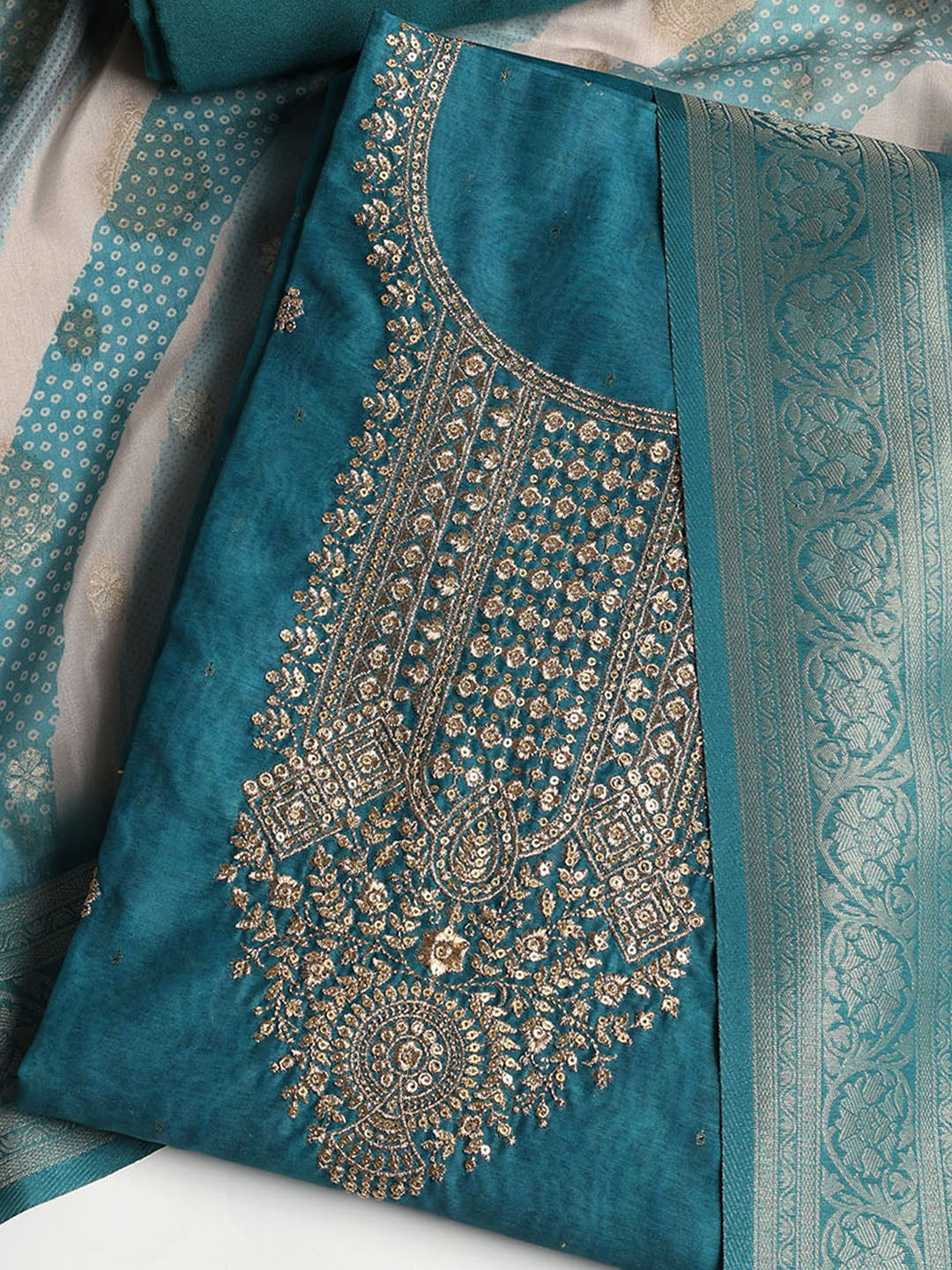 Neck Embroidered Chanderi Unstitched Suit With Dupatta