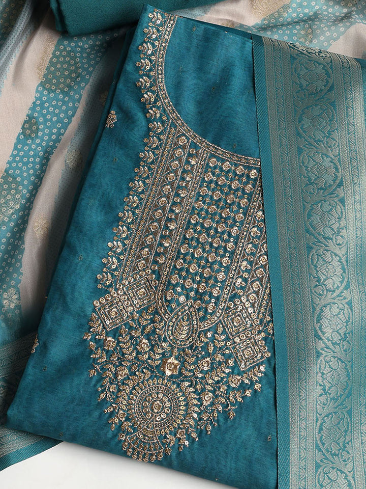 Neck Embroidered Chanderi Unstitched Suit With Dupatta