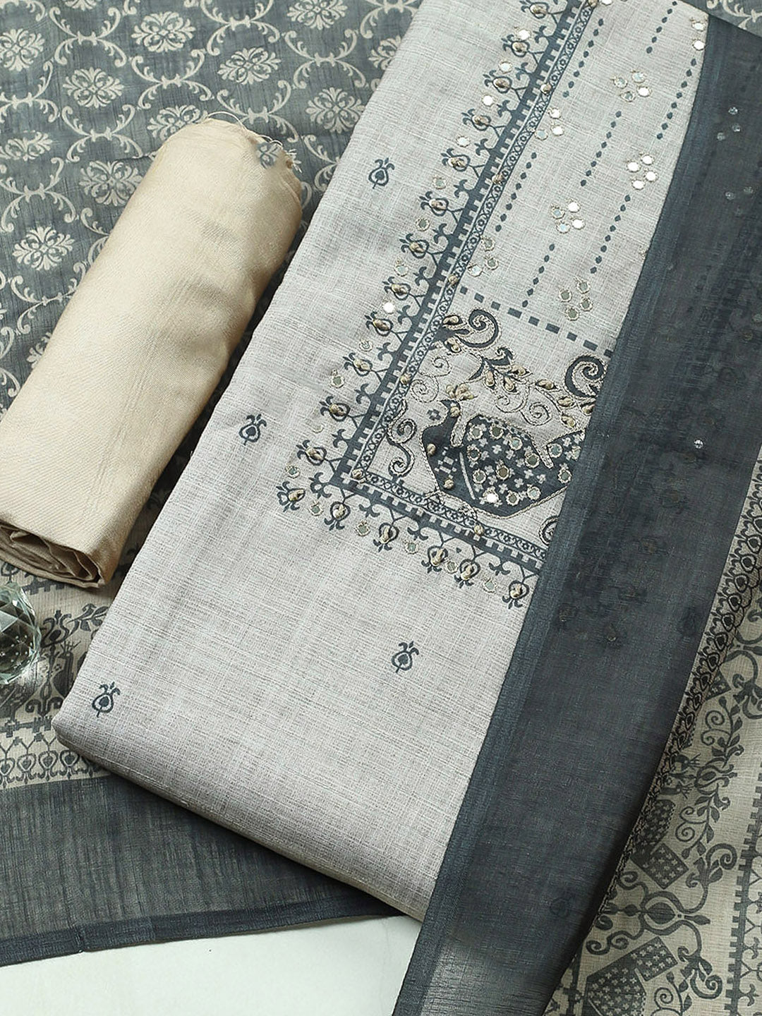 Embroidered Cotton Blend Unstitched Suit With Pant &amp; Dupatta