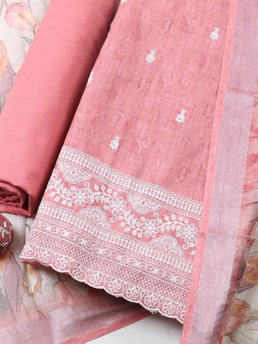 Embroidered Linen Blend Unstitched Suit With Pant &amp; Dupatta
