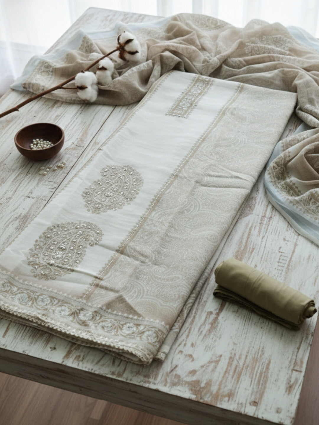 Printed Cotton Blend Unstitched Suit With Pant &amp; Dupatta