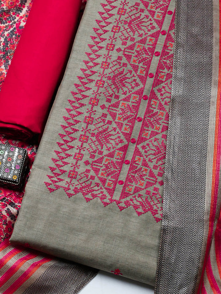 Embroidered Cotton Blend Unstitched Suit With Pant &amp; Dupatta