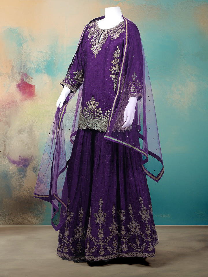 Zari Embroidered Chinon Kurti With Lehenga &amp; Dupatta