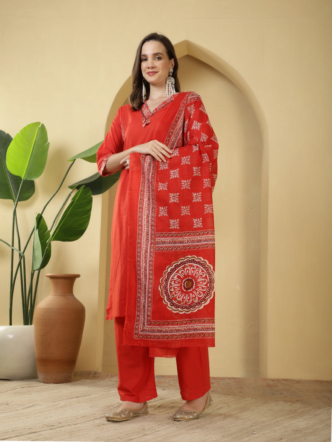 Printed Cotton Blend Kurta With Pants & Dupatta