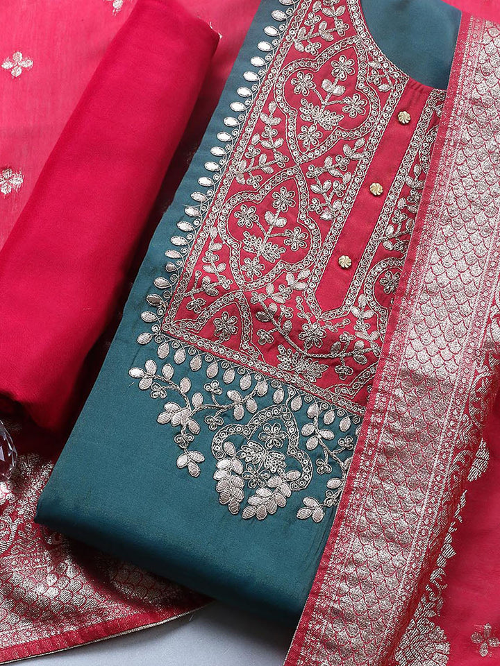 Embroidered Chanderi Unstitched Suit With Pant &amp; Dupatta