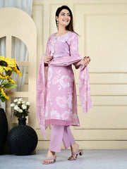 Neck Embroidered Cotton Blend Kurta With Pants & Dupatta