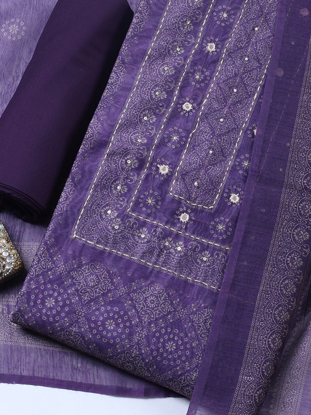 Embroidered Linen Blend Unstitched Suit With Pant &amp; Dupatta