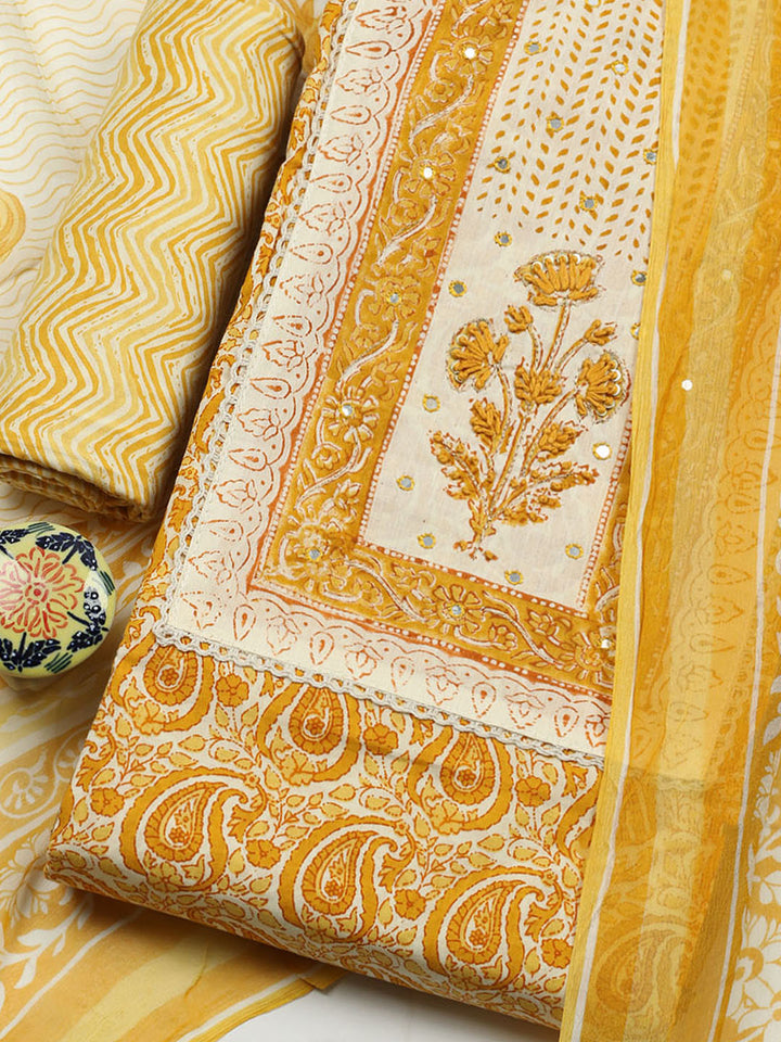 Printed Cotton Blend Unstitched Suit With Pant &amp; Dupatta
